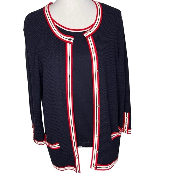 Talbots Navy Blue Red White Nautical Knit Pearl Button Cardigan Pockets Size L - Picture 4 of 12